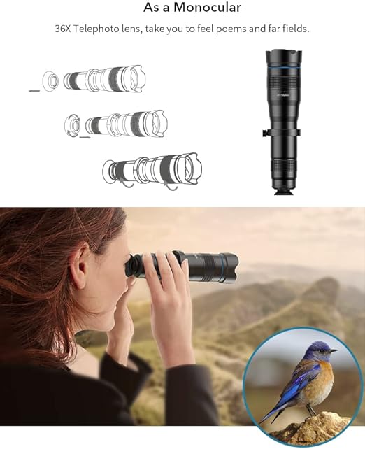 Telescópio Apexel Para Smartphone Kit Lente Monocular de Alta Potência 36x e Tripé