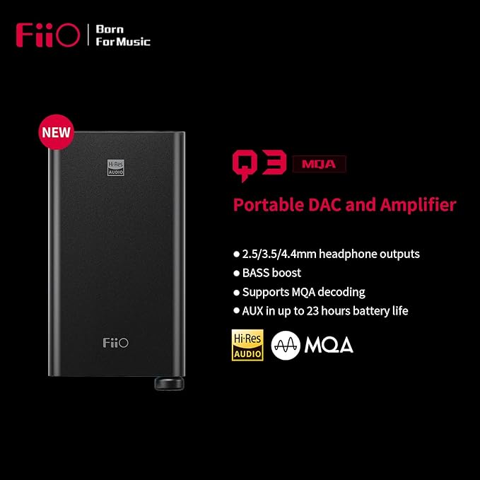 FiiO Amplificador portátil Q3 de alta resolução DAC DSD512 para Smartphone/PC/Laptop/Home/Car Audio compatível com iOS/Android 2,5/3,5/4,4 mm de saída (Q3-MQA)