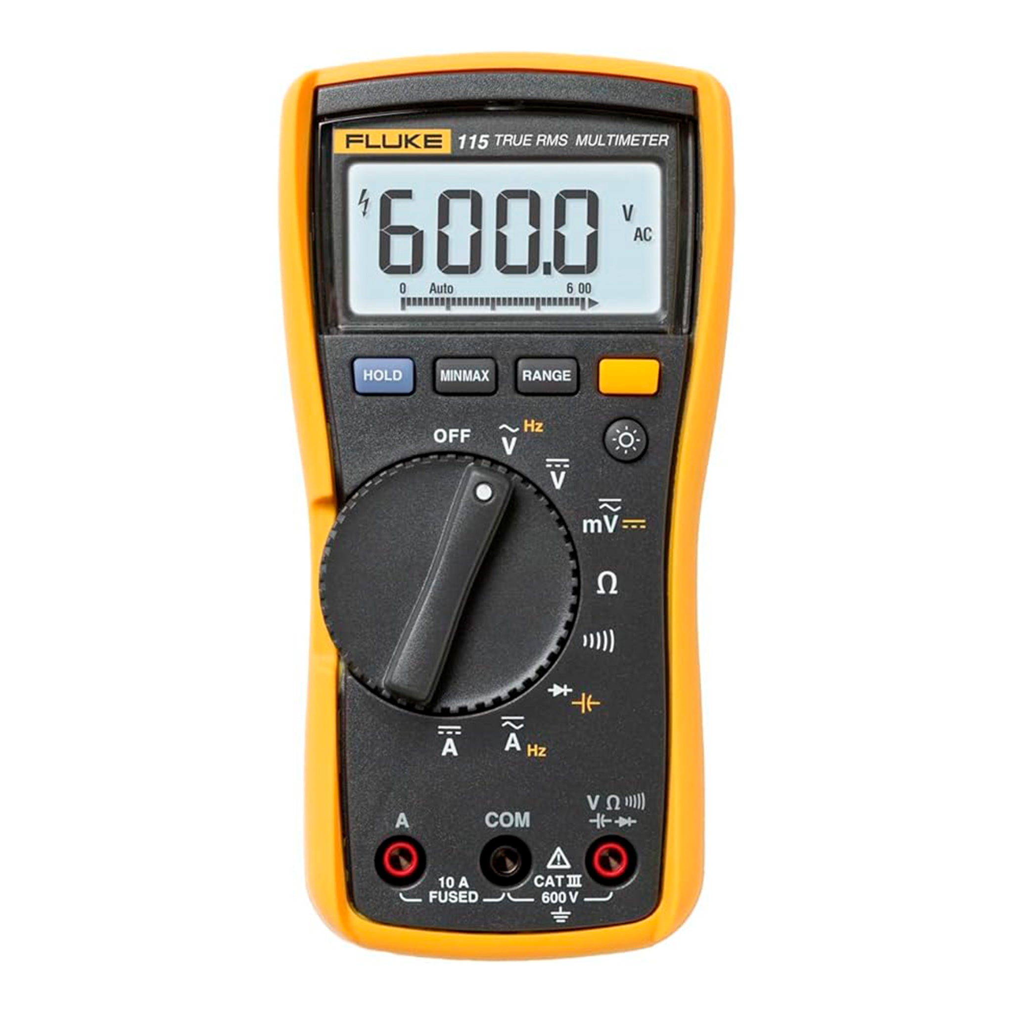 Fluke Multímetro digital 115, mede tensão AC/DC até 600 V e corrente AC/DC até 10 A, mede resistência, continuidade, frequência e capacitância, inclui coldre e conjunto de teste de silicone