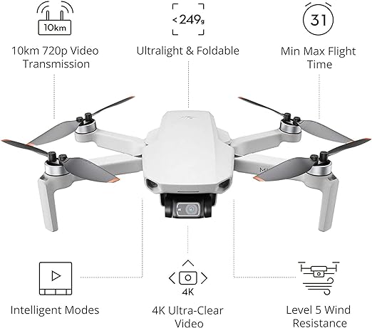 DJI Mini 2 – Quadricóptero drone ultraleve e dobrável, suspensão cardan de 3 eixos com câmera 4K, foto de 12 MP, tempo de voo de 31 minutos, transmissão de vídeo HD OcuSync 2.0 10 km, QuickShots,