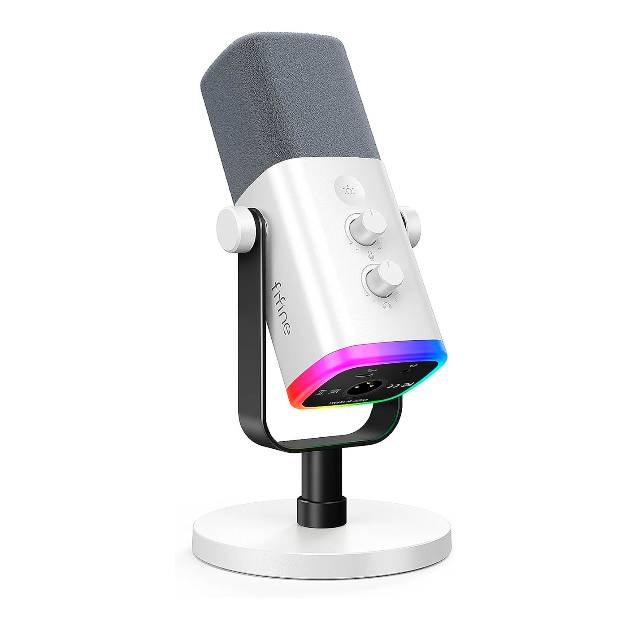 Microfone Dinâmico USB Fifine para Jogos - Desempenho Profissional - Qualidade Vocal Dinâmica Cardióide - Compatível com PC e Mac - Iluminação LED RGB - Design de Mesa com Fio - Branco -AmpliGame AM8W