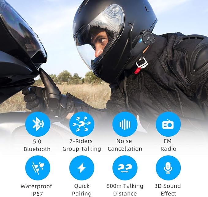 EJEAS Intercomunicação Bluetooth para motocicleta com rádio FM, Q7 5.0 Bluetooth capacete de motocicleta fone de ouvido Bluetooth com cancelamento de ruído até 7 motociclistas com