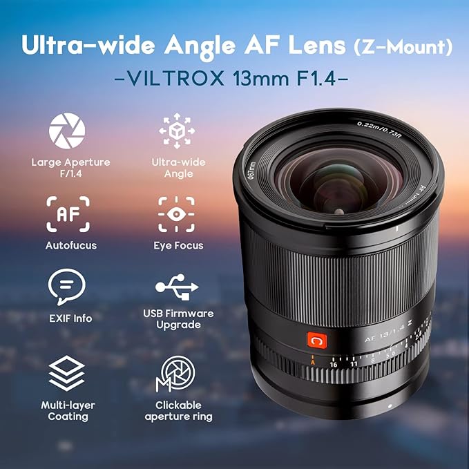 VILTROX Lente grande angular de 13 mm f/1.4 F1.4 para câmera Nikon, foco automático APS-C lente serve para câmera Nikon z Mount Z50 Z30 Z6II Z7II Z6 Z7