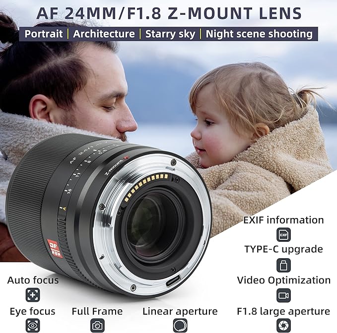 VILTROX Lente grande angular de 24 mm F1.8 com foco automático, lente Prime compatível com câmeras Nikon Z-Mount Z fc Z7 II Z6 II Z5 Z6 Z7 Z50