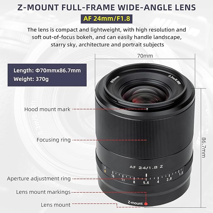 VILTROX Lente grande angular de 24 mm F1.8 com foco automático, lente Prime compatível com câmeras Nikon Z-Mount Z fc Z7 II Z6 II Z5 Z6 Z7 Z50